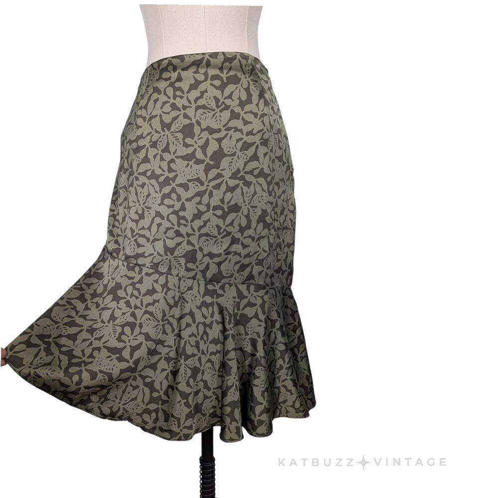 Y2K Inc Silk Skirt 2 Green Brown Fairy Grunge Knee Vintage Flare Work Office
